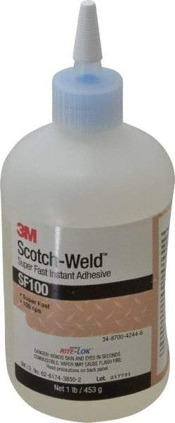 3M - 1 Lb Bottle Clear Instant Adhesive - Series SF100, 3 to 30 sec Working Time, 24 hr Full Cure Time, Bonds to Cardboard, Ceramic, Fabric, Fiberglass, Foam, Glass, Leather, Metal, Paper, Plastic, Rubber, Vinyl & Wood - Best Tool & Supply