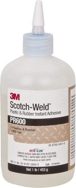 3M - 1 Lb Bottle Clear Instant Adhesive - Series PR600, 4 to 25 sec Working Time, 24 hr Full Cure Time, Bonds to Cardboard, Ceramic, Fabric, Fiberglass, Foam, Glass, Leather, Metal, Paper, Plastic, Rubber, Vinyl & Wood - Best Tool & Supply