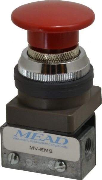 Mead - 1/8" NPT Emergency Stop Manual Valve - 3 Ports, 3-Way, 2-Position Detent, Emergency Stop Push Button Red & Manual Return - Best Tool & Supply