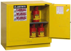 Justrite - 2 Door, 1 Shelf, Yellow Steel Under the Counter Safety Cabinet for Flammable and Combustible Liquids - 35" High x 35" Wide x 22" Deep, Self Closing Door, 22 Gal Capacity - Best Tool & Supply