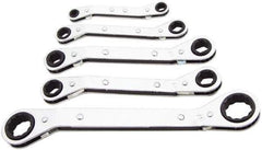 Lang - 5 Piece, 1/4 x 5/16 to 3/4 x 7/8", Ratcheting Box Wrench Set - Inch System of Measurement, Chrome Finish, Comes in Vinyl Roll - Best Tool & Supply