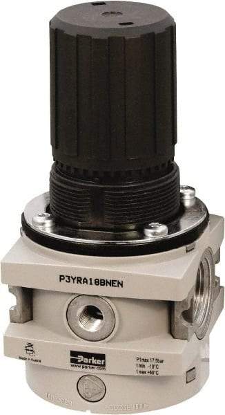 Parker - 1 NPT Port, 550 CFM, Aluminum Hi-Flow Regulator - 0 to 174 psi Range, 254 Max psi Supply Pressure, 1/4" Gauge Port Thread, 3-1/2" Wide x 7.2" High - Best Tool & Supply