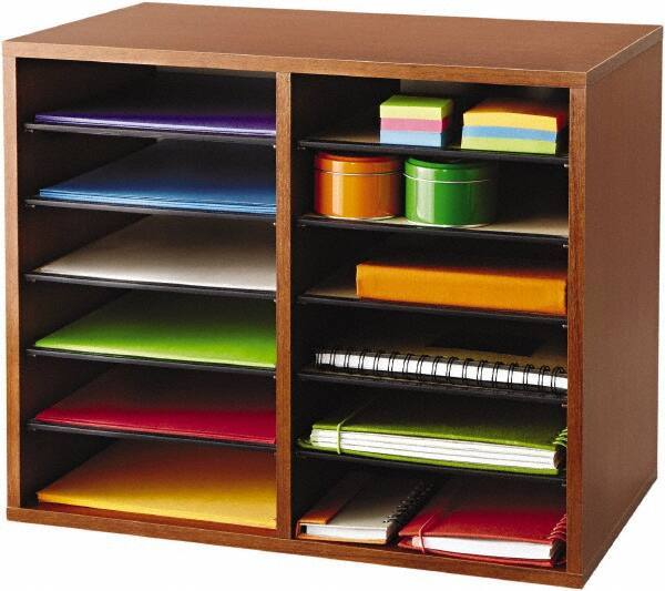 Safco - 19-1/2" Wide x 16" High x 12" Deep Fiberboard, Hardboard & Laminated Compressed Wood Document Organizer - 12 Compartments, Cherry, 9" Wide x 2-3/8" High x 11-1/2" Deep Compartment - Best Tool & Supply