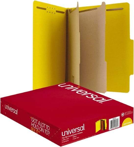 UNIVERSAL - 8-1/2 x 11", Letter Size, Yellow, Classification Folders with Top Tab Fastener - 25 Point Stock, Right of Center Tab Cut Location - Best Tool & Supply