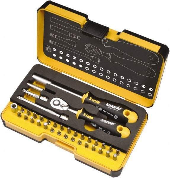 Felo - 36 Piece, 1/4" Drive Screwdriver Mini-Ratchet Bit Kit - #0 to #3 Phillips, 2 to 6mm Hex, T5 to T40 Torx, #1, #2 & #3 Pozidriv, 1/8, 5/32, 3/16, 7/32, 1/4 & 9/32" Slotted - Best Tool & Supply