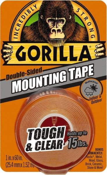 Gorilla Tape - 1" x 60" Acrylic Adhesive Double Sided Tape - 43 mil Thick, Clear, Polyethylene Film Liner, Continuous Roll - Best Tool & Supply