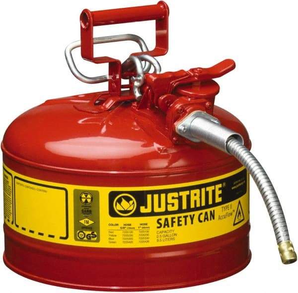 Justrite - 2.5 Gal Galvanized Steel Type II Safety Can - 12" High x 11-3/4" Diam, Red with Yellow - Best Tool & Supply