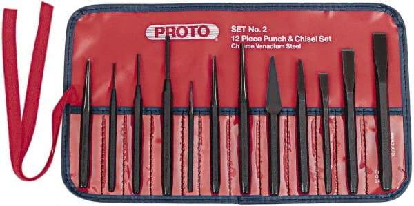 Proto - 12 Piece Punch & Chisel Set - 3/16 to 1/2" Chisel, 3/32 to 3/8" Punch, Hex Shank - Best Tool & Supply