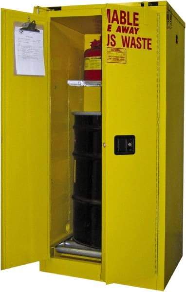 Securall Cabinets - 31" Wide x 31" Deep x 67" High, 18 Gauge Steel Vertical Drum Cabinet with 3 Point Key Lock - Yellow, Self-Closing Door, 1 Shelf, 1 Drum, Drum Rollers Included - Best Tool & Supply