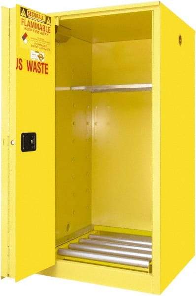 Securall Cabinets - 34" Wide x 34" Deep x 65" High, 18 Gauge Steel Vertical Drum Cabinet with 3 Point Key Lock - Yellow, Self-Closing Door, 1 Shelf, 1 Drum, Drum Rollers Included - Best Tool & Supply