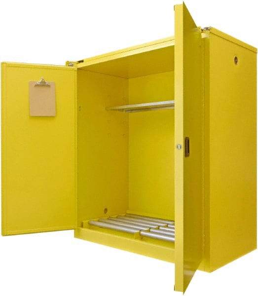 Securall Cabinets - 56" Wide x 31" Deep x 67" High, 18 Gauge Steel Vertical Drum Cabinet with 3 Point Key Lock - Yellow, Self-Closing Door, 1 Shelf, 2 Drums, Drum Rollers Included - Best Tool & Supply