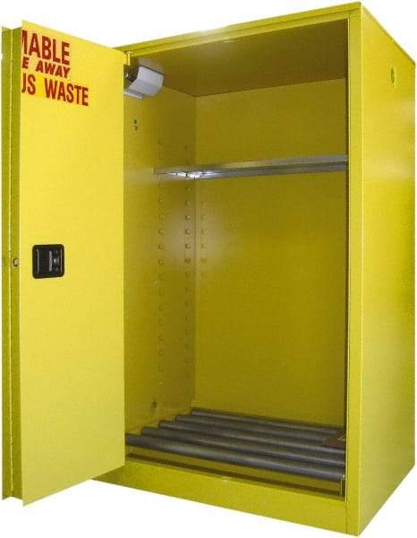 Securall Cabinets - 43" Wide x 31" Deep x 65" High, 18 Gauge Steel Vertical Drum Cabinet with 3 Point Key Lock - Yellow, Self-Closing Door, 1 Shelf, 2 Drums, Drum Rollers Included - Best Tool & Supply