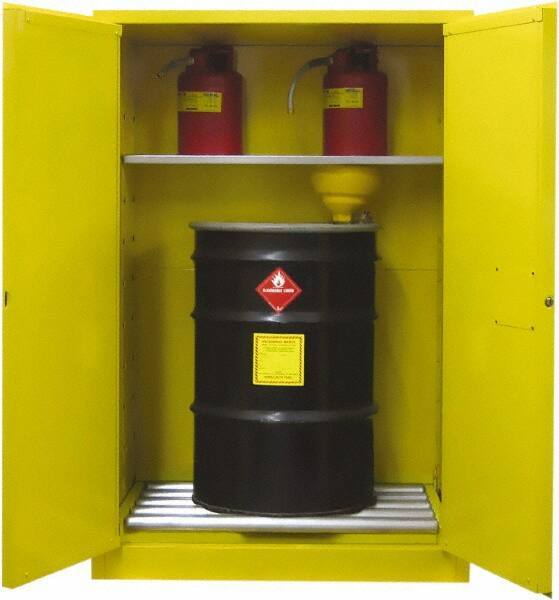 Securall Cabinets - 43" Wide x 31" Deep x 67" High, 18 Gauge Steel Vertical Drum Cabinet with 3 Point Key Lock - Yellow, Self-Closing Door, 1 Shelf, 2 Drums, Drum Rollers Included - Best Tool & Supply