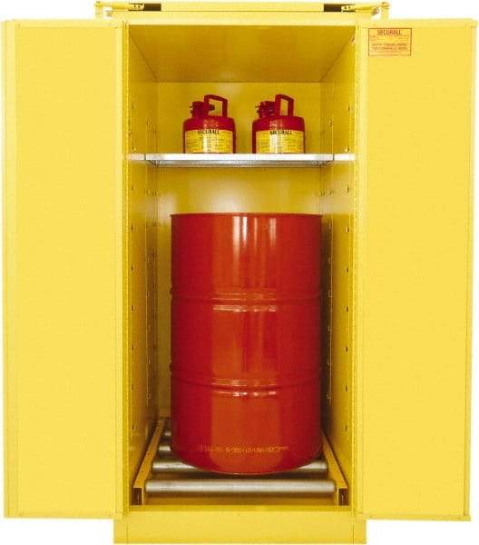 Securall Cabinets - 31" Wide x 31" Deep x 67" High, 18 Gauge Steel Vertical Drum Cabinet with 3 Point Key Lock - Yellow, Self-Closing Door, 1 Shelf, 1 Drum, Drum Rollers Included - Best Tool & Supply