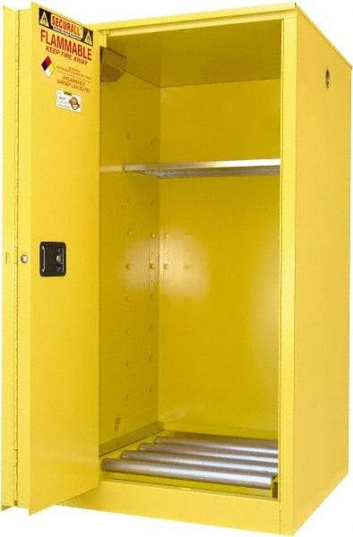 Securall Cabinets - 34" Wide x 34" Deep x 65" High, 18 Gauge Steel Vertical Drum Cabinet with 3 Point Key Lock - Yellow, Sliding Door Door, 1 Shelf, 1 Drum, Drum Rollers Included - Best Tool & Supply