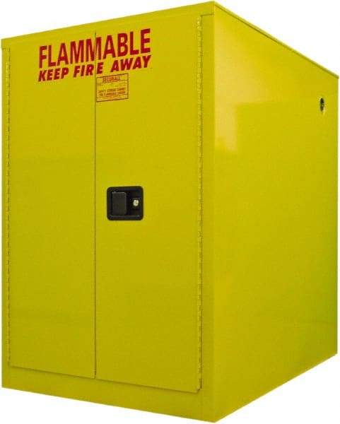 Securall Cabinets - 34" Wide x 50" Deep x 52" High, 18 Gauge Steel Horizontal Drum Cabinet with 3 Point Key Lock - Yellow, Self-Closing Door, 1 Drum - Best Tool & Supply