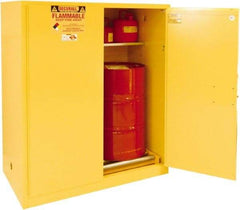 Securall Cabinets - 56" Wide x 31" Deep x 65" High, 18 Gauge Steel Vertical Drum Cabinet with 3 Point Key Lock - Yellow, Manual Closing Door, 3 Shelves, 1 Drum, Drum Rollers Included - Best Tool & Supply