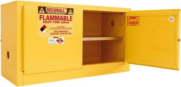 Securall Cabinets - 2 Door, 1 Shelf, Yellow Steel Stackable Safety Cabinet for Flammable and Combustible Liquids - 24" High x 43" Wide x 18" Deep, Manual Closing Door, 3 Point Key Lock, 18 Gal Capacity - Best Tool & Supply