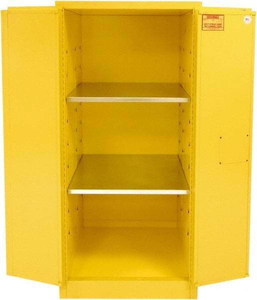 Securall Cabinets - 2 Door, 2 Shelf, Yellow Steel Standard Safety Cabinet for Flammable and Combustible Liquids - 65" High x 31" Wide x 31" Deep, Manual Closing Door, 3 Point Key Lock, 60 Gal Capacity - Best Tool & Supply