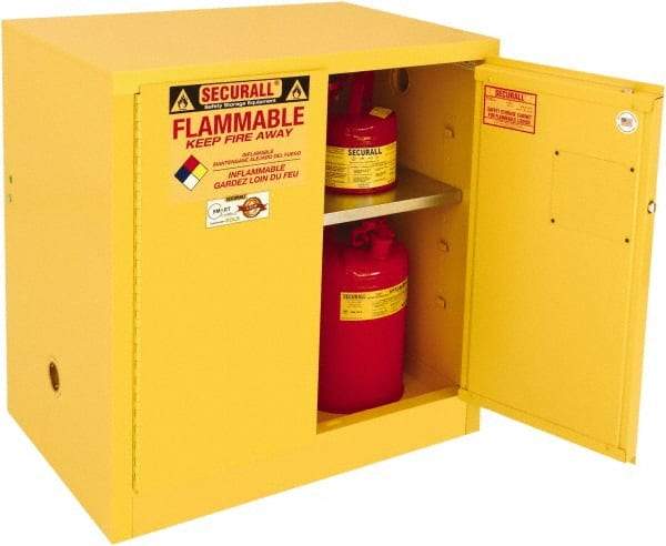 Securall Cabinets - 2 Door, 1 Shelf, Yellow Steel Standard Safety Cabinet for Flammable and Combustible Liquids - 35" High x 36" Wide x 24" Deep, Manual Closing Door, 3 Point Key Lock, 20 Gal Capacity - Best Tool & Supply