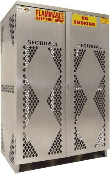 Securall Cabinets - 2 Door, 2 Shelf, Silver Aluminum Standard Safety Cabinet for Flammable and Combustible Liquids - 65" High x 43" Wide x 32" Deep, Manual Closing Door, Padlockable Hasp, 20 or 33 Lb Cylinder Capacity - Best Tool & Supply