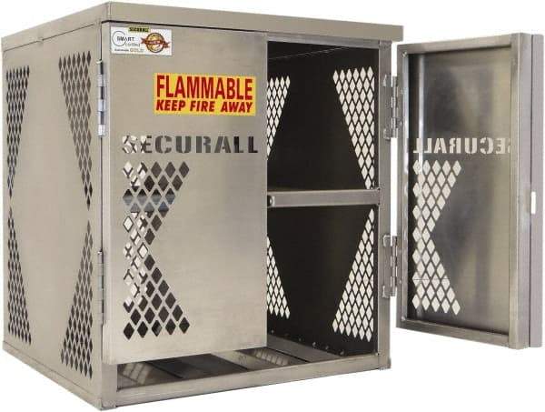 Securall Cabinets - 2 Door, 2 Shelf, Silver Aluminum Standard Safety Cabinet for Flammable and Combustible Liquids - 33" High x 30" Wide x 32" Deep, Manual Closing Door, Padlockable Hasp, 20 or 33 Lb Cylinder Capacity - Best Tool & Supply