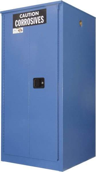 Securall Cabinets - 2 Door, 2 Shelf, Blue Steel Standard Safety Cabinet for Corrosive Chemicals - 65" High x 34" Wide x 34" Deep, Sliding Door, 3 Point Key Lock, 60 Gal Capacity - Best Tool & Supply