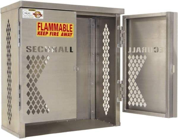 Securall Cabinets - 1 Door, 1 Shelf, Silver Aluminum Standard Safety Cabinet for Flammable and Combustible Liquids - 33" High x 31" Wide x 16" Deep, Manual Closing Door, Padlockable Hasp, 20 or 33 Lb Cylinder Capacity - Best Tool & Supply