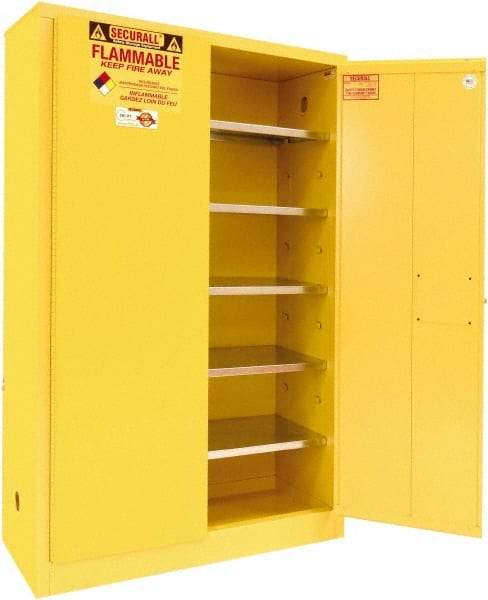 Securall Cabinets - 2 Door, 5 Shelf, Yellow Steel Standard Safety Cabinet for Flammable and Combustible Liquids - 65" High x 43" Wide x 18" Deep, Manual Closing Door, 3 Point Key Lock, 60 Gal Capacity - Best Tool & Supply