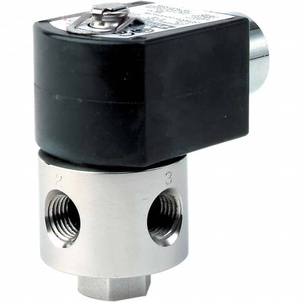 Parker - 120/60 - 110/50 VAC 1/8" NPT Port Brass Three-Way Direct Acting Solenoid Valve - Best Tool & Supply