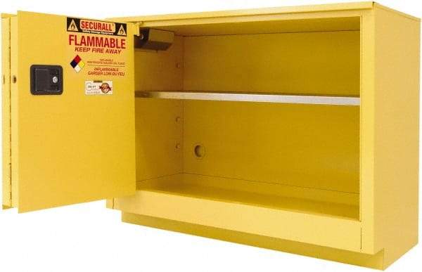 Securall Cabinets - 2 Door, 1 Shelf, Yellow Steel Under the Counter Safety Cabinet for Flammable and Combustible Liquids - 35-5/8" High x 59" Wide x 22" Deep, Sliding Door, 3 Point Key Lock, 44 Gal Capacity - Best Tool & Supply