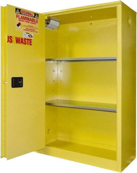 Securall Cabinets - 2 Door, 2 Shelf, Yellow Steel Standard Safety Cabinet for Flammable and Combustible Liquids - 65" High x 43" Wide x 18" Deep, Sliding Door, 3 Point Key Lock, 45 Gal Capacity - Best Tool & Supply