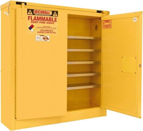 Securall Cabinets - 2 Door, 5 Shelf, Yellow Steel Wall Mount Safety Cabinet for Flammable and Combustible Liquids - 46" High x 43" Wide x 12" Deep, Self Closing Door, 3 Point Key Lock, 24 Gal Capacity - Best Tool & Supply