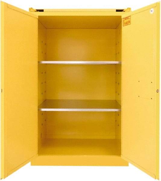 Securall Cabinets - 2 Door, 2 Shelf, Yellow Steel Standard Safety Cabinet for Flammable and Combustible Liquids - 67" High x 43" Wide x 31" Deep, Self Closing Door, 3 Point Key Lock, 90 Gal Capacity - Best Tool & Supply