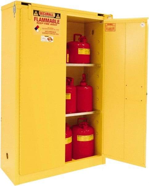 Securall Cabinets - 2 Door, 2 Shelf, Yellow Steel Standard Safety Cabinet for Flammable and Combustible Liquids - 67" High x 43" Wide x 18" Deep, Self Closing Door, 3 Point Key Lock, 45 Gal Capacity - Best Tool & Supply