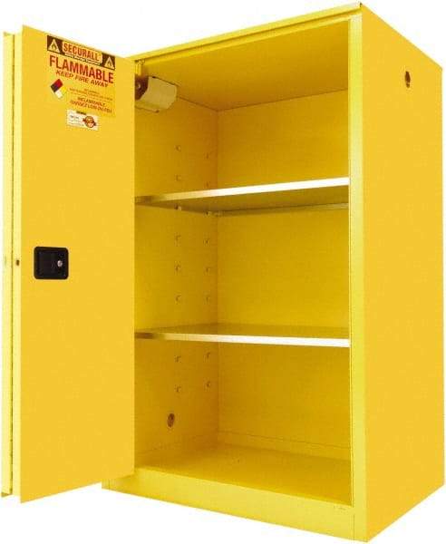 Securall Cabinets - 2 Door, 2 Shelf, Yellow Steel Standard Safety Cabinet for Flammable and Combustible Liquids - 65" High x 43" Wide x 31" Deep, Sliding Door, 3 Point Key Lock, 90 Gal Capacity - Best Tool & Supply