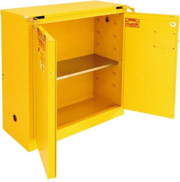 Securall Cabinets - 2 Door, 1 Shelf, Yellow Steel Standard Safety Cabinet for Flammable and Combustible Liquids - 46" High x 43" Wide x 18" Deep, Self Closing Door, 3 Point Key Lock, 30 Gal Capacity - Best Tool & Supply