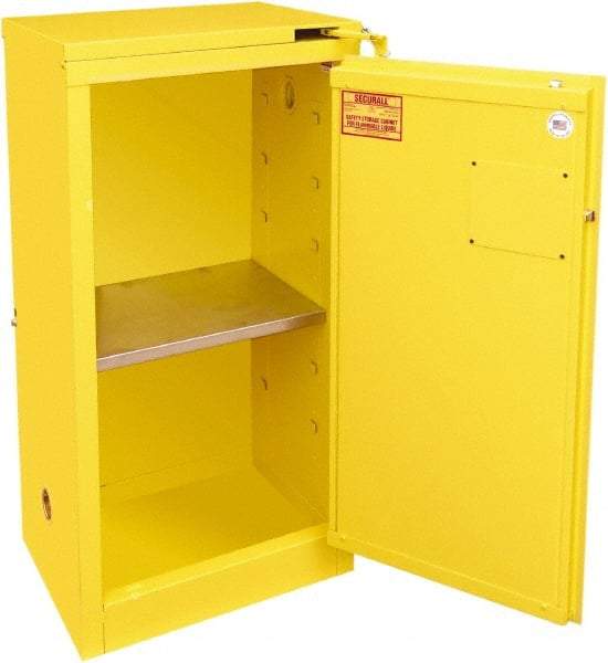 Securall Cabinets - 1 Door, 1 Shelf, Yellow Steel Standard Safety Cabinet for Flammable and Combustible Liquids - 46" High x 23-3/16" Wide x 18" Deep, Self Closing Door, 3 Point Key Lock, 16 Gal Capacity - Best Tool & Supply