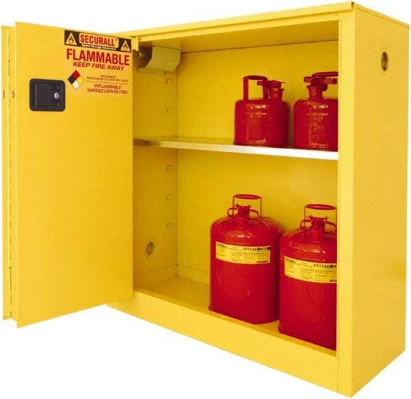 Securall Cabinets - 2 Door, 2 Shelf, Yellow Steel Standard Safety Cabinet for Flammable and Combustible Liquids - 65" High x 43" Wide x 18" Deep, Sliding Door, 3 Point Key Lock, 45 Gal Capacity - Best Tool & Supply