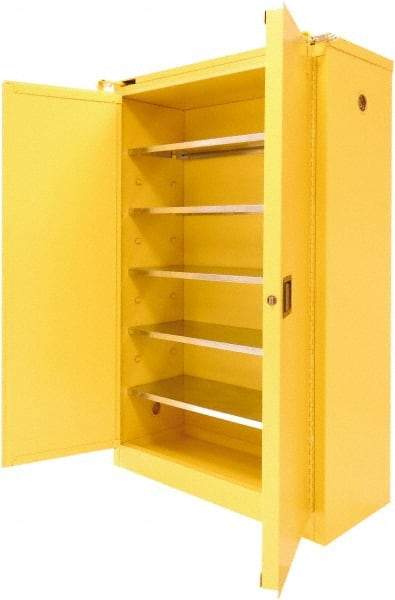 Securall Cabinets - 2 Door, 5 Shelf, Yellow Steel Standard Safety Cabinet for Flammable and Combustible Liquids - 67" High x 43" Wide x 18" Deep, Sliding Door, 3 Point Key Lock, 60 Gal Capacity - Best Tool & Supply