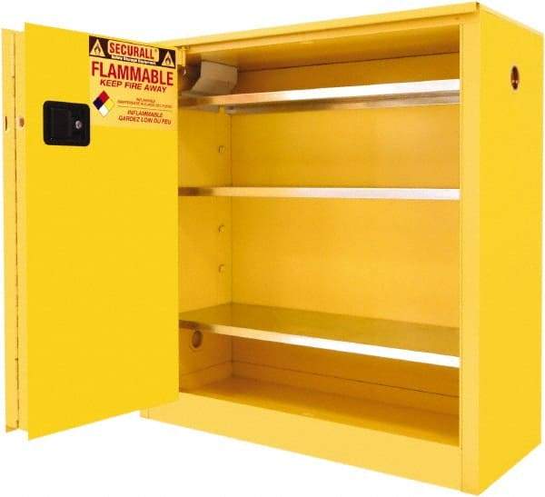 Securall Cabinets - 2 Door, 3 Shelf, Yellow Steel Standard Safety Cabinet for Flammable and Combustible Liquids - 44" High x 43" Wide x 18" Deep, Sliding Door, 3 Point Key Lock, 40 Gal Capacity - Best Tool & Supply