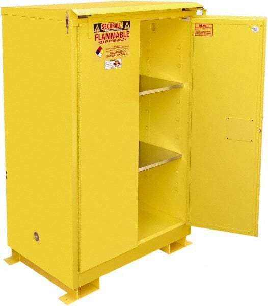 Securall Cabinets - 2 Door, 2 Shelf, Yellow Steel Standard Safety Cabinet for Flammable and Combustible Liquids - 71" High x 43" Wide x 31" Deep, Self Closing Door, 3 Point Key Lock, 90 Gal Capacity - Best Tool & Supply