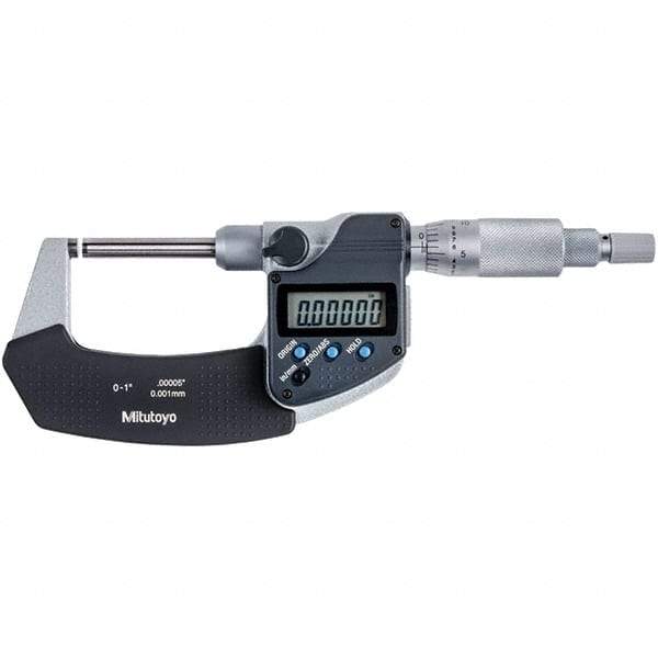 Mitutoyo - 0 to 1" Range, 0.00005" Resolution, Non-Rotating Throat Electronic Outside Micrometer - 0.00015" Accuracy, Ratchet Stop Thimble, Carbide-Tipped Face, SR44 Battery - Best Tool & Supply