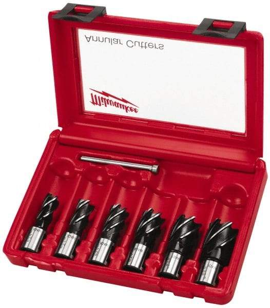 Milwaukee Tool - 6 Piece, 9/16 to 1-1/16" Cutter Diam, 1" Cutting Depth, Steel Annular Cutter Set - Bright Finish, 3/4" Shank Diam, 9/16, 5/8, 11/16, 13/16, 15/16, 1-1/16" Cutter Diams, 2 Flats on Shank - Best Tool & Supply