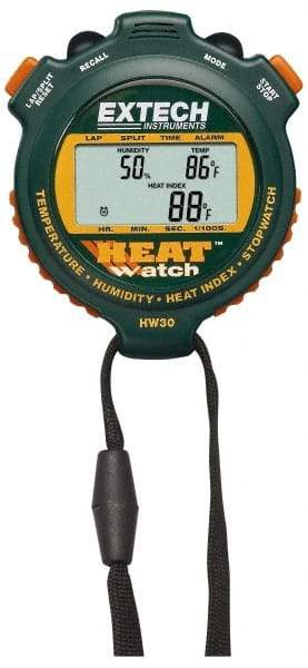 Extech - Digital Thermometer Stopwatch Clock - 8 Functions, 1/100 Sec Resolution, Green - Best Tool & Supply