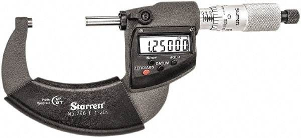 Starrett - 1 to 2" Range, Standard Throat IP67 Electronic Outside Micrometer - Ratchet Stop Thimble, Carbide Face, CR2032 Battery - Best Tool & Supply