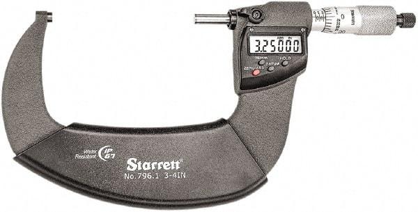 Starrett - Standard Throat IP67 Electronic Outside Micrometer - Ratchet Stop Thimble, Carbide Face, CR2032 Battery - Best Tool & Supply