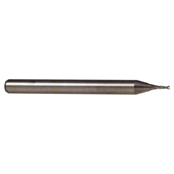 Corner Radius End Mill: 0.05″ Dia, 0.15″ LOC, 0.01″ Radius, 2 Flutes, Solid Carbide 1-1/2″ OAL, 1/8″ Shank Dia, 30 ° Helix, Bright/Uncoated, Corner Radius End, Centercutting, Series Miniature