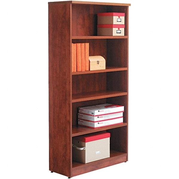 ALERA - 5 Shelf, 65" High x 31-3/4" Wide Bookcase - 14" Deep, Woodgrain Laminate, Medium Cherry - Best Tool & Supply