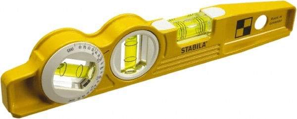 Stabila - Magnetic 10" Long 3 Vial Torpedo Level - Die Cast, Yellow, 1 Plumb, 1 Level & 1 45° Vials - Best Tool & Supply